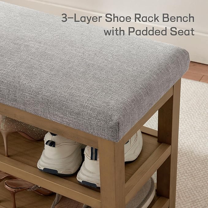 2 Tier Shoe Rack Bench with Cushion, Solid Wood Shoe Benches, Mid-Century Modern Shoe Storage Bench for Entryway, Hallway, Living Room, Closet, Front Door Entrance, (Grey, 39.4")