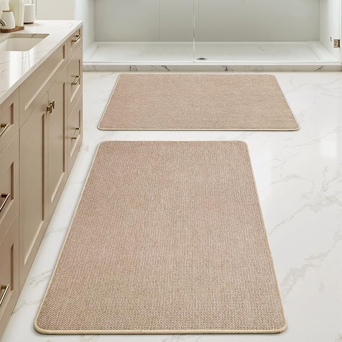 MIULEE Set of 2 Ultra Thin Bathroom Rugs, Rubber Bath Mats for Bathroom Non Slip, Quick Dry Absorbent Bath Rug Machine Washable, Fit Under Door, Shower, Sink, Home Decor, Beige, 24x36 Inch