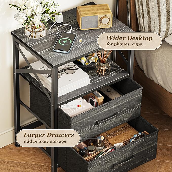 Huuger Nightstands Set of 2, Night Stand with Charger Station, 2 Drawer Side Table with Open Shelf, USB-C Port, End Table for Small Spaces, X Shaped Side Rail, Charcoal Black