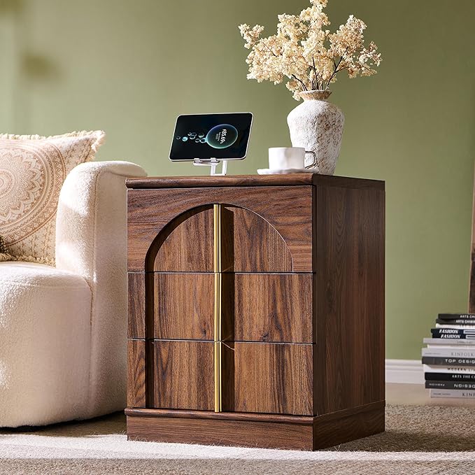 ACCOHOHO Modern Night Stand with Arched Panel, 18" Nightstand with Charging Station, Side Table with 3 Storage Drawers, Wood Square Bedside End Table for Bedroom Living Room, Brown