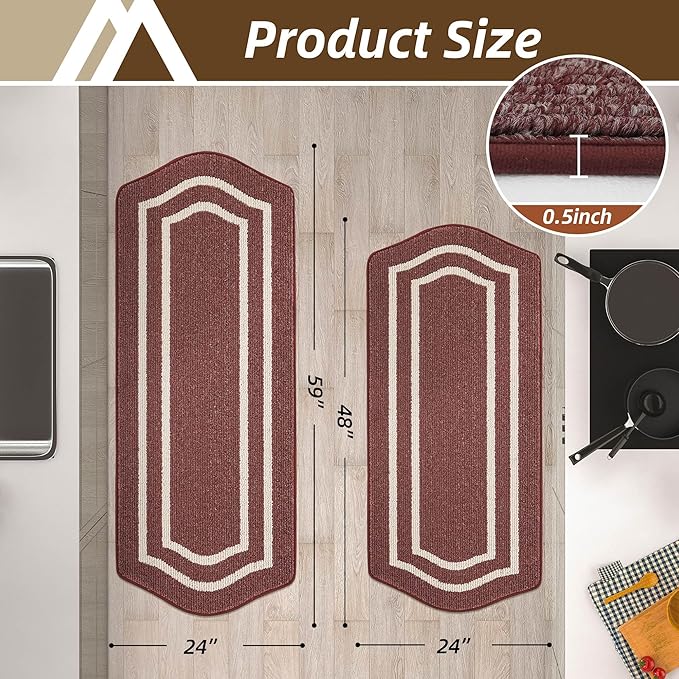 COSY HOMEER Long Kitchen Floor Mats for in Front of Sink Super Absorbent Kitchen Rugs and Mats 24"x48"+24"x59"Non-Skid Kitchen Mat Standing Mat Washable,Polypropylene,Red,Frame