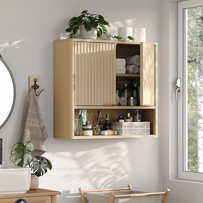 Furnideco Bathroom Medicine Cabinet with Fluted Doors, 3-Tier Modern Wall Cabinet Over Toilet, Small Hanging Storage Cabinet for Bathroom, Natural