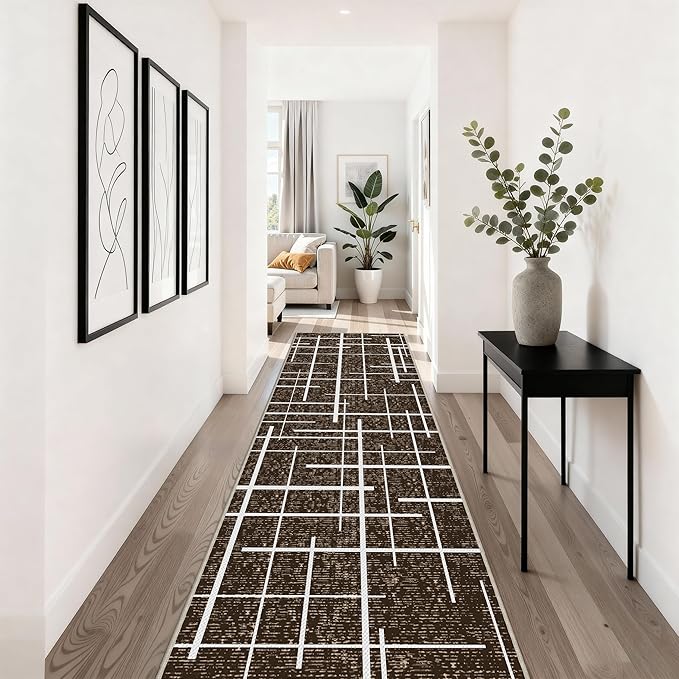 Non Slip Hallway Runner Rug 2x10, Brown Modern Distressed Stripe, Washable Long Rug, Woven Thin Low Pile Carpet Runners for Hallway 10ft Entryway, Kitchen, Walkway- Brown