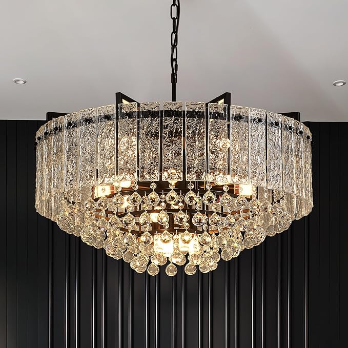 29.2" 16-Light Modern Glass Chandelier Light Fixtures Large Black 4-Tier Crystal Beads Chandeliers for Dining Room Round Hanging Ceiling Pendant Lighting for Bedroom Entryway Foyer Stairway