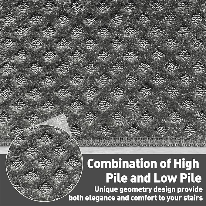 PURE ERA Carpet Stair Treads Tape Free Non Slip Indoor Stair Carpet Stair Protectors Pet-Friendly Non-Slip Skid Resistant Washable Reusable 8" x 30"(14 Pieces,Gray Mini-Diamond Trellis)