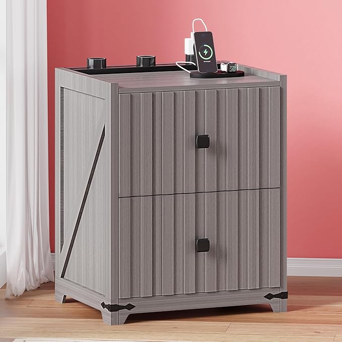 Night Stand with Slidable Charging Station,Nightstands with 2 Drawers,Farmhouse EndTable and Bedside Table,Small Side Table for Bedroom（Newly Upgraded）