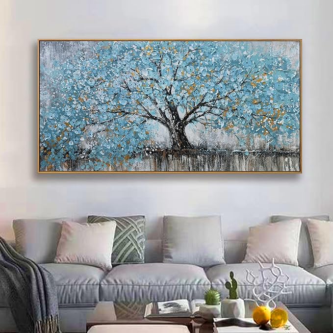 Wall Art Teal Blue Nature Abstract Tree Of Life Framed Modern Artwork Canvas Painting Textured Tree Pictures Wall Decor For Living Room Bedroom Dining Room Home Office Decor 24"X48" With Framed
