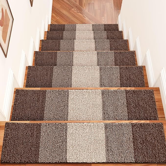 OLANLY Stair Treads Non Slip 15PCS, 8" x 30" Indoor Stair Runners for Wooden Steps, Edging Stair Rugs with Reusable Peel and Stick Adhesive for Kids Elders and Pets, Brown