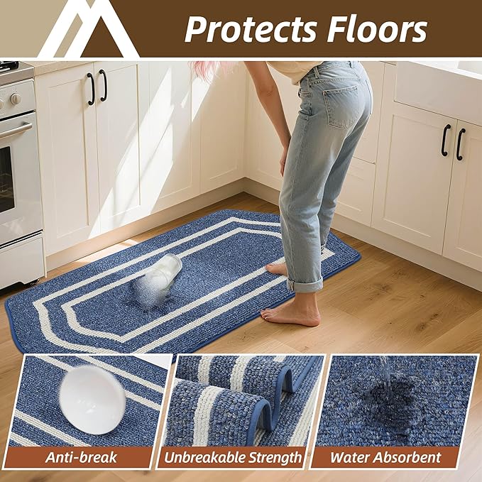 COSY HOMEER Long Kitchen Floor Mats for in Front of Sink Super Absorbent Kitchen Rugs and Mats 24"x59" Non-Skid Kitchen Mat Standing Mat Washable,Polypropylene,Blue,Frame