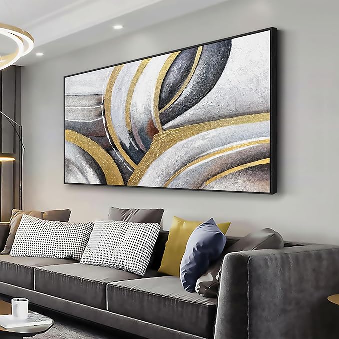 Framed Abstract Wall Art Black White and Gold Abstract Painting Canvas Wall Artwork Modern Home Wall Decor for Living Room Bedroom Office 24"x48"
