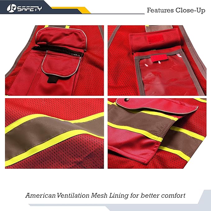 JKSafety 9 Pockets Hi-Vis Neon Red Zipper Front MESH Safety Vest with Fluorescent Yellow Extend Edge outlining the Reflective Tapes Meet ANSI/ISEA Class 2 Standard (100-Red, 3X-Large)