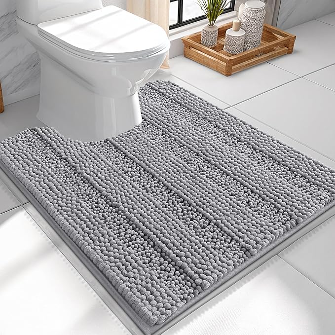 OLANLY Thick Toilet Rugs U-Shaped 24x20, Extra Soft Absorbent Chenille Striped Contour Bathroom Rugs for Toilet, Dry Quickly, Machine Washable, Non-Slip Bath Mat, Grey