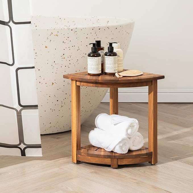 Acacia Wood Corner Shower Stool - Waterproof Triangular Bathroom Bench with Storage Shelf & Soap Dish for Shaving, Natural Wood (17.9x12.7x16.5)