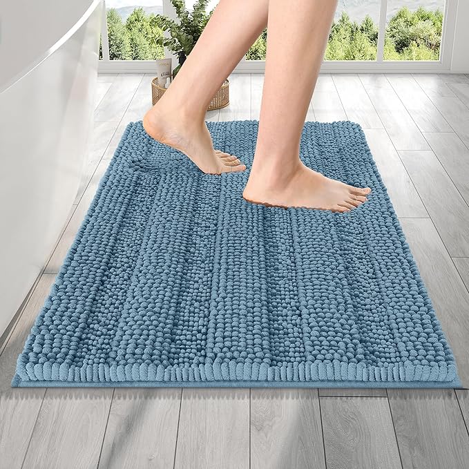 OLANLY Thick Bathroom Rugs 24x16, Extra Soft Absorbent Chenille Striped Bath Rugs, Rubber Backing, Machine Wash Dry, Bath Mats for Bathroom Floor, Tub and Shower, Home Decor Accessories, Airy Blue
