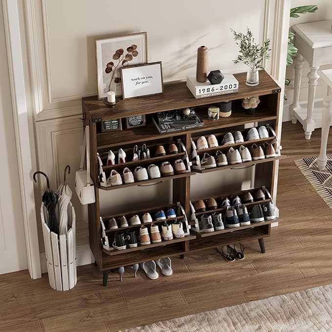 Shoe Cabinet with 4 Flip Drawers,Farmhouse Shoe Storage Cabinet for Entryway,Narrow Freestanding Organizer Rack with Open Shelves for Foyer,Hallway,Dark Walnut