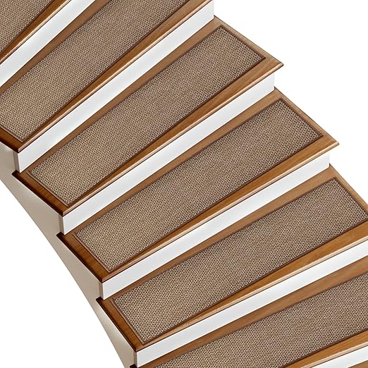 Deerly Linen Stair Treads Non Slip 10pcs Comfortable Stair Runner for Wooden Steps Peel and Stick Stairs Carpet Treads Indoor Staircase Covers Mat with Self-Adhesive Backing for Pets Kids 8"X30" Brown