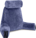 Husband Pillow Medium Dark Blue, Backrest for Kids, Teens, Petite Adults - Reading Pillows with Arms, Adjustable Loft, Plush Memory Foam, Bed Rest Chair Sitting Up, Detach Neck Roll, Removable Cover