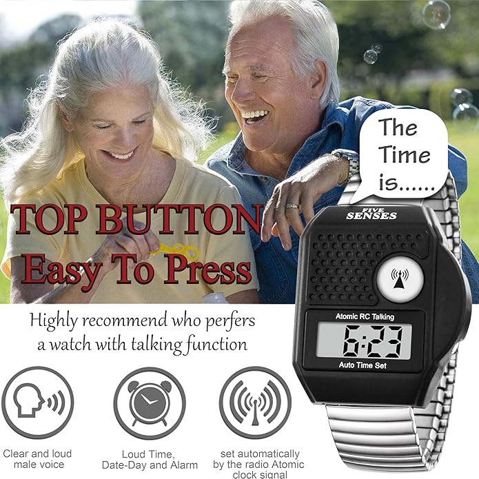 FIVE SENSES - English Atomic Talking Watch, Easy to use for Seniors Blind Men Women, Loud Talking Watch with Sound for Vision Impaired, Watches for Elderly Women, Blind People Products 1095