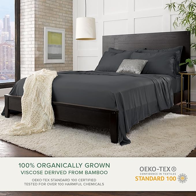 Pure Bamboo Queen Sheets, Genuine 100% Organic Viscose Derived from Bamboo Bed Sheet Set, Luxuriously Soft & Cooling, Double Stitching, 2 Year Quality Promise (Queen, Charcoal)