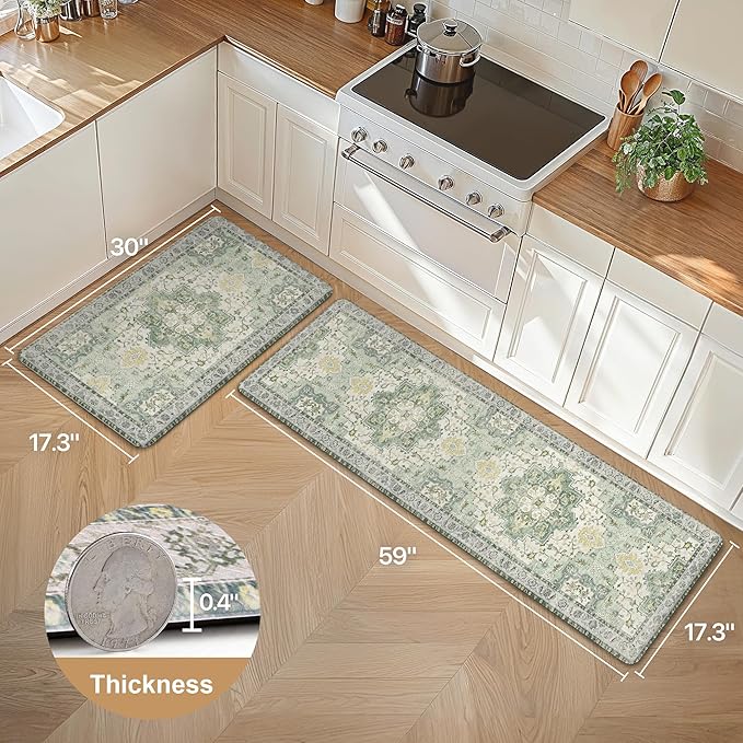 GENIMO Kitchen Mats for Floor 2PCs, Washable Anti Fatigue Mat for Cushioned, 17.3"x59"+17.3"x30", Waterproof Kitchen Rugs, Non Slip Comfort Standing Mat Rug for Home, Sink, Laundry, Light Green
