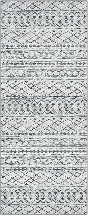 KUTA 2x6 Washable Runner Rug Non-Slip, Grey Moroccan Boho Rug Runner for Hallways Distressed Geometric Vintage Kitchen Rugs, Ultra Soft Floor Mat for Entryway, Bathroom, Laundry, Living Room, Bedroom