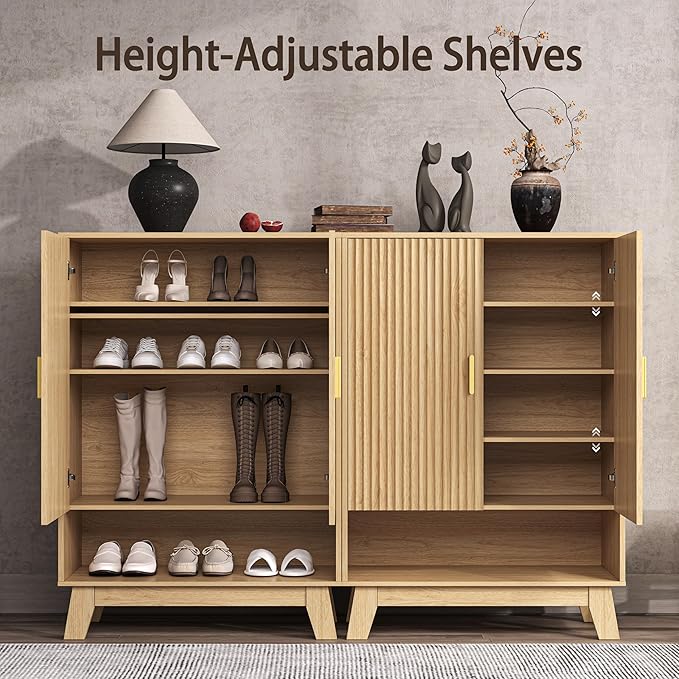 4-Tier Fluted Shoe Cabinet with 2 Doors & Open Shelf, Mid Century Modern Shoe Storage Organizer with Adjustable Shelves, Metal Handles & Wood Legs, Hidden Shoe Rack for Entryway, Hallway