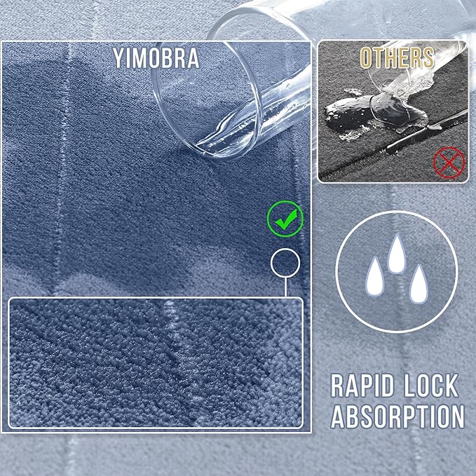 Yimobra 3 Pieces Memory Foam Bath Mat Set with U-Shaped Toilet Rug - Non Slip Super Soft Absorbent Quick Dry Bathroom Rugs for Bathtub, Vanity & Toilet Base, Denim Blue