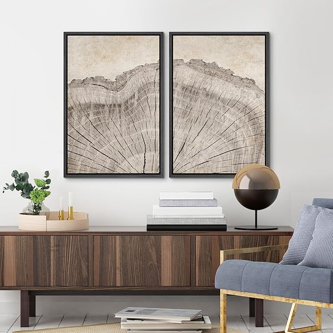 MUDECOR Framed Canvas Print Wall Art Oak Wood Tree Rings Nature Illustration Modern Art Decorative Multicolor Geometric Minimal for Bedroom - 16"x24"x2 Black