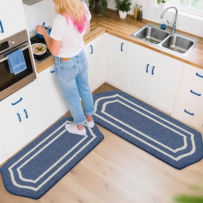 COSY HOMEER Long Kitchen Floor Mats for in Front of Sink Super Absorbent Kitchen Rugs and Mats 24"x48"+24"x59"Non-Skid Kitchen Mat Standing Mat Washable,Polypropylene,Blue,Frame