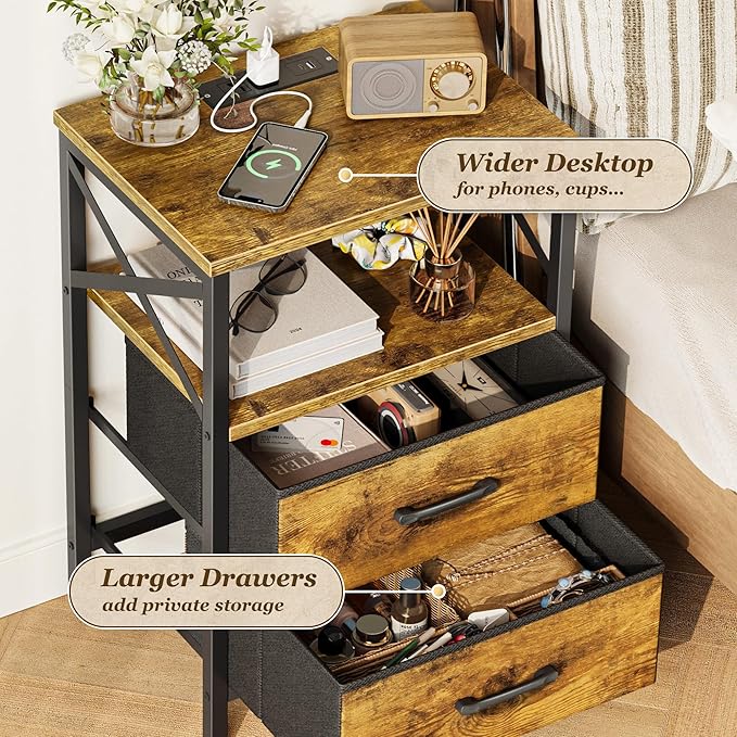 Huuger Night Stand with Charger Station, 2 Drawer Nightstand with Open Shelf, Bed Side Table with USB-C Port, End Table, Compact Size for Small Spaces, X Shaped Side Rail, Brown