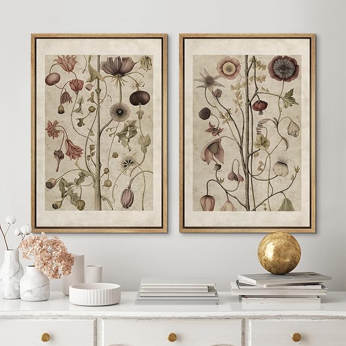MUDECOR Framed Canvas Print Wall Art Wildflower Floral Botanical Nature Illustration Modern Art Decorative Multicolor Geometric Minimal for Bedroom - 24"x36"x2 Natural