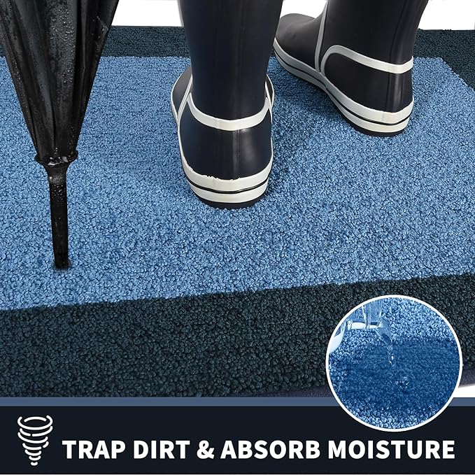 PURRUGS Dirt Trapping Door Mat 20" x 32", Non-Slip/Skid Machine Washable Entryway Rug, Shoes Scraper, Throw Rug, Super Absorbent Area Rug for Muddy Wet Shoes and Paws, Light Blue & Navy
