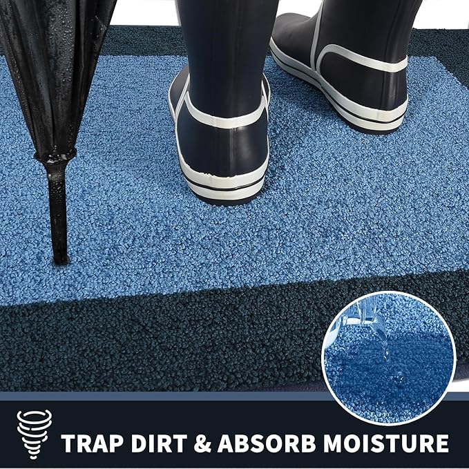 PURRUGS Dirt Trapping Door Mat 32" x 48", Non-Slip/Skid Machine Washable Entryway Rug, Shoes Scraper, Throw Rug, Super Absorbent Area Rug for Muddy Wet Shoes and Paws, Light Blue & Navy