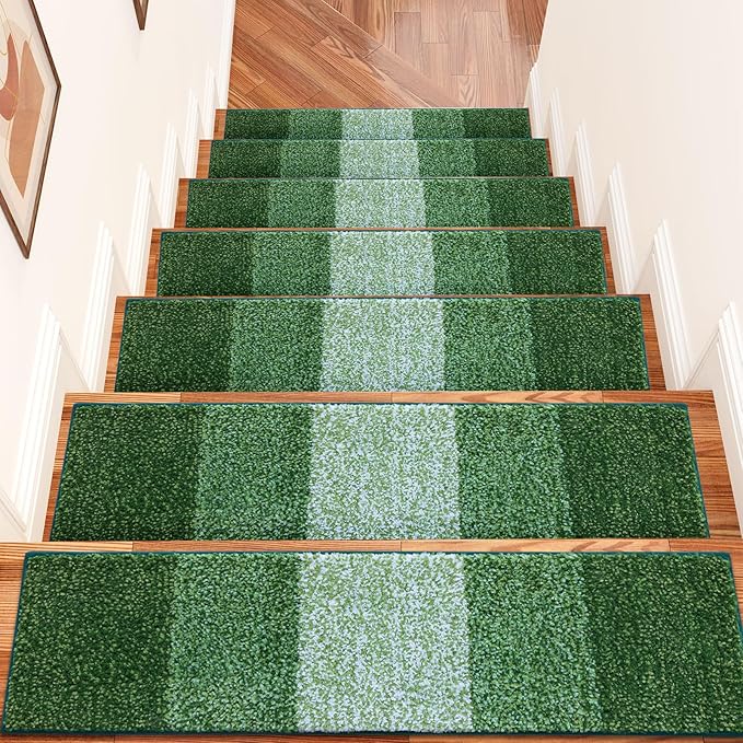 OLANLY Stair Treads Non Slip 15PCS, 8" x 30" Indoor Stair Runners for Wooden Steps, Edging Stair Rugs with Reusable Peel and Stick Adhesive for Kids Elders and Pets, Green