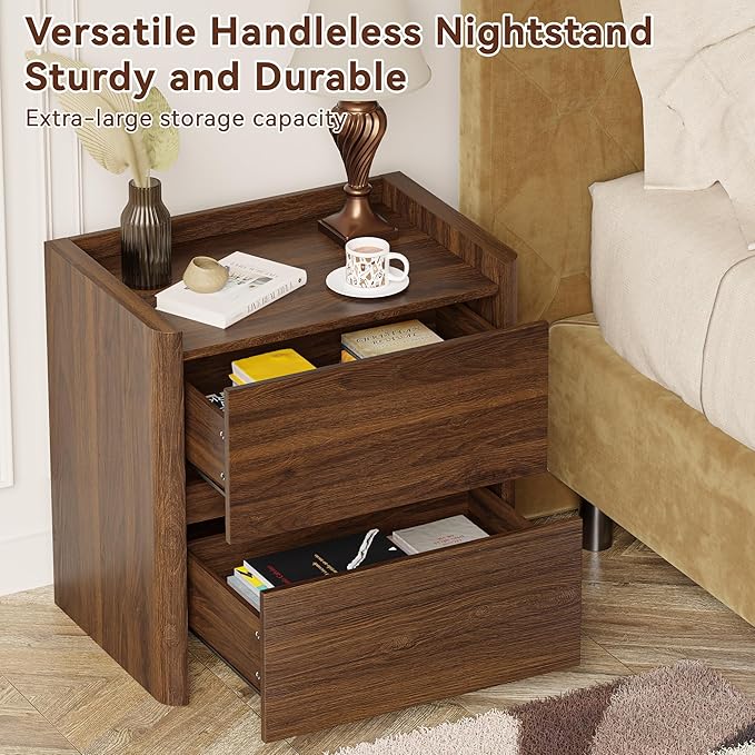 Nightstand with 2 Storage Drawer, Modern End Table for Bedroom with Cut-Out Handle, Large Night Stands for Bedroom, Home Office, Set of 1, Walnut