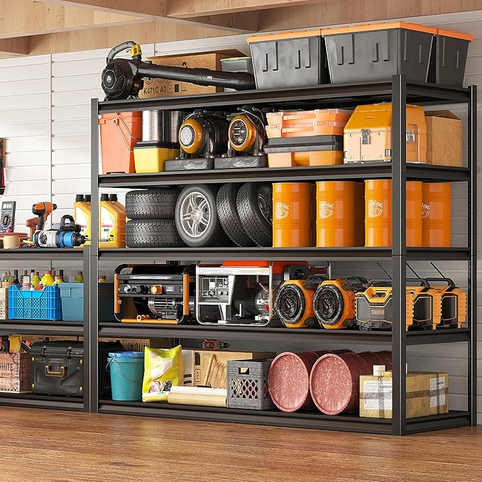 REIBII Garage Shelving 48.2" W Storage Shelves 3000LBS Metal Shelving Heavy Duty Adjustable Metal Shelf 5 Tier Pantry Shelves for Basement Warehouse Supermarket 72.2" H x 24.2" D x 48.2" W, 4 Pac