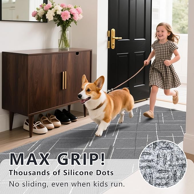 Modern Line Washable Runner Rug 2x6, Gray Non-Slip Hallway Rug, Woven Non-Shedding Thin Runners for Entryway, Kitchen, Laundry Room
