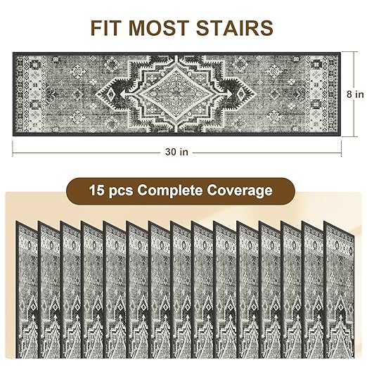 Non Slip Stair Treads for Wooden Steps Indoor, Dark Grey, 15pcs, 30"X8", Soft Carpet Mat, Machine Washable Boho Carpet Treads with Reusable Adhesive Backing, Safety Stair Tread for Dogs, Kids, Elders