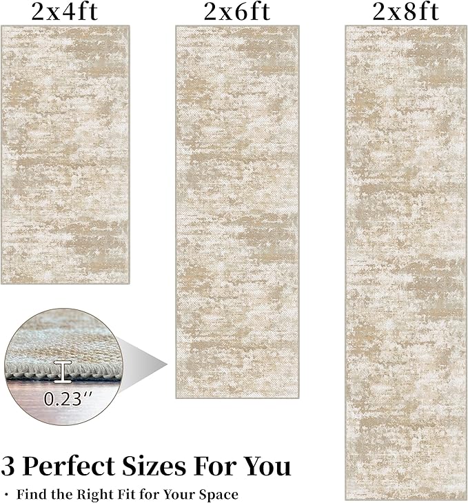 Runners for Hallways Non-Slip 2x4 Washable Kitchen Rug Abstract Tear and Stain Resistance No Pile Hand-Woven Style Lightweight Runners for Entryway, Laundry Room, Bedside, Beige/Yellow