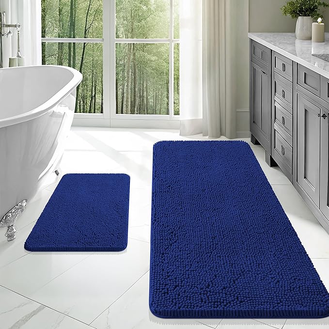 OLANLY Bathroom Rugs Sets 2 Piece, Soft Absorbent Chenille Bath Mats Area Rug Set, Non-Slip, Quick Dry, Machine Washable Bath Mats for Bathroom, Home Decor Accessories (47"x20"+24"x16", Navy)