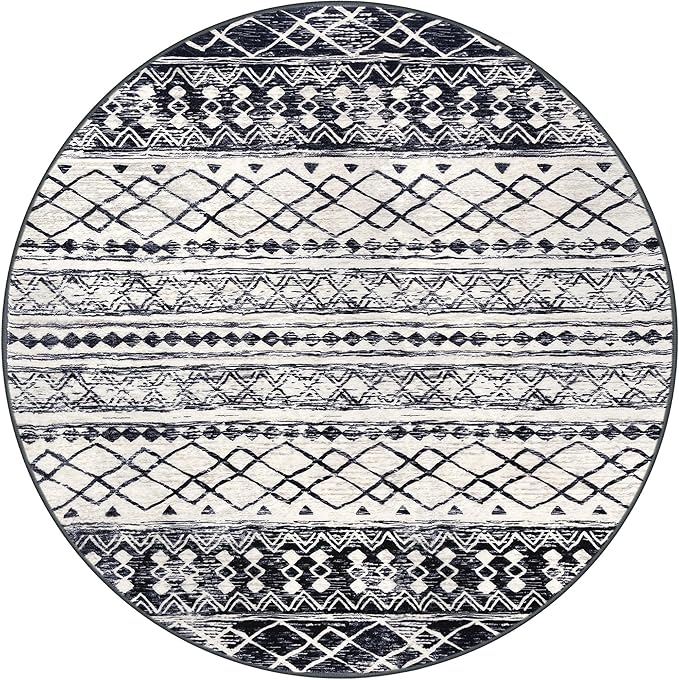 KUTA Washable Rugs Round 5Ft Black Navy Blue Boho Area Rug for Living Room, Moroccan Non-Slip Soft Geometric Circle Carpet for Bedroom Low-Pile Nursery Dorm Décor Throw