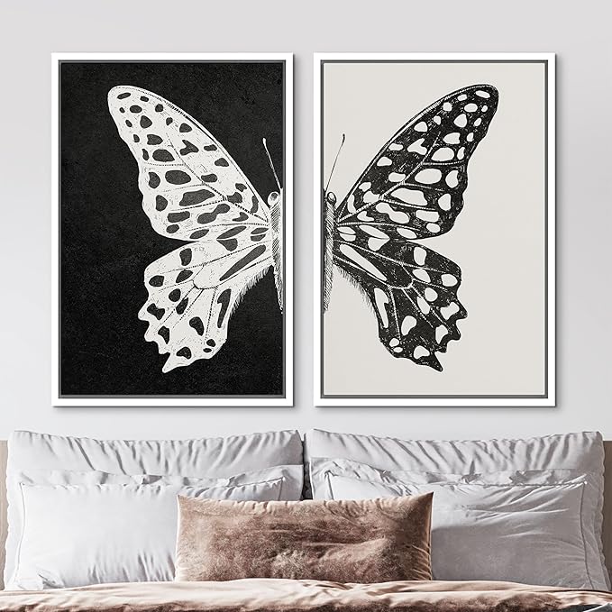 MUDECOR Framed Canvas Wall Art Black and White Butterfly Prints Minimalist Modern Art Boho Wall Decor for Bedroom - 16"x24"x2 White
