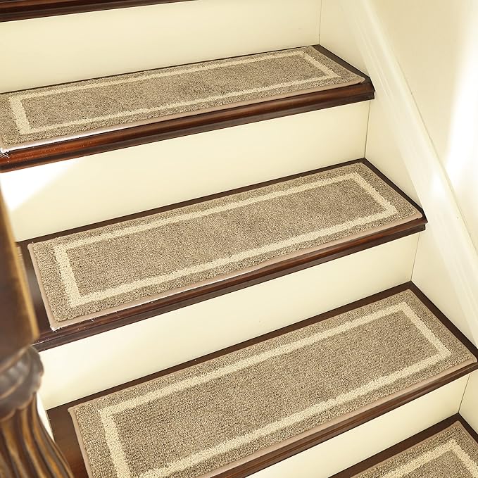 COSY HOMEER Soft Stair Treads Non-Slip Carpet Mat 28inX9in Indoor Stair Runners for Wooden Steps,Stair Rugs for Kids and Dogs, 100% Polyester TPE Backing 10pcs,Beige,Square
