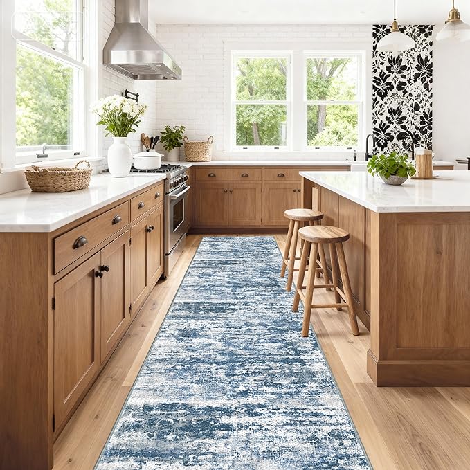 Kitchen Rugs Ultra Non-Slip 2.6x12 Washable Runner Rug Abstract Tear and Stain Resistance No Pile Lightweight Runners for Entryway, Hallway, Walkway, Bedside, Entrance, Blue