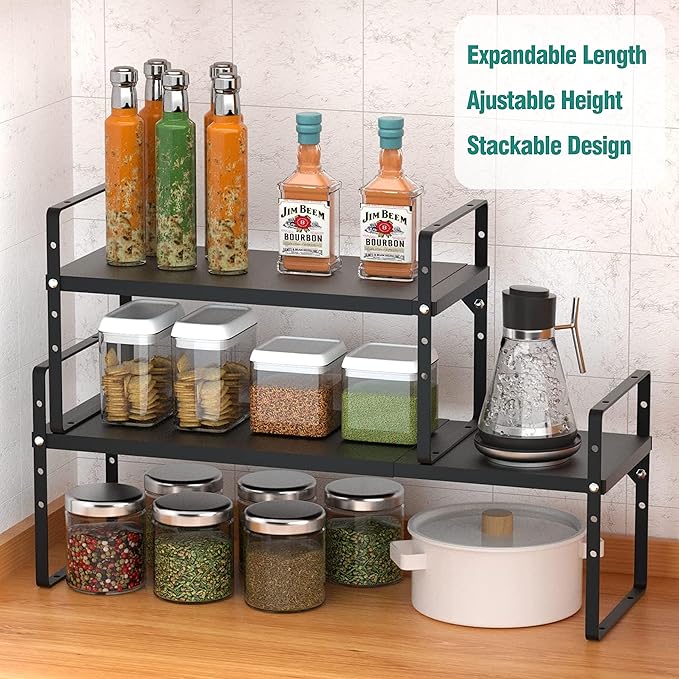 Expandable Cabinet Shelf Organizer Rack, Stackable Kitchen Counter Storage Shelves Stand, Adjustable Height Pantry Shelf Spice Rack, Heavy Duty Nonslip Black Small 2Pack