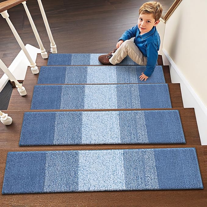 OLANLY Stair Treads Non Slip 15PCS, 8" x 30" Indoor Stair Runners for Wooden Steps, Edging Stair Rugs with Reusable Peel and Stick Adhesive for Kids Elders and Pets, Light Blue