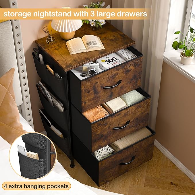 Night Stand Set 2,Night Stand with Drawers for Bedroom,Bedside Table with Wooden Top,Sturdy Steel Frame End Table,Dorm Small Nightstand for Bedroom,Entryway,Hallway,Cloth Bags,Hooks,Rustic Brown