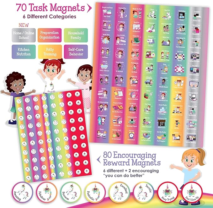 Unicorn Chart to Success| Magnetic Dry Erase| Daily Routine Responsibility Chore Chart for Kids| 80 Reward Tiles| 70 Tasks, Including Behavior and Self-Care| Fun Design for Girls| Raising a Star