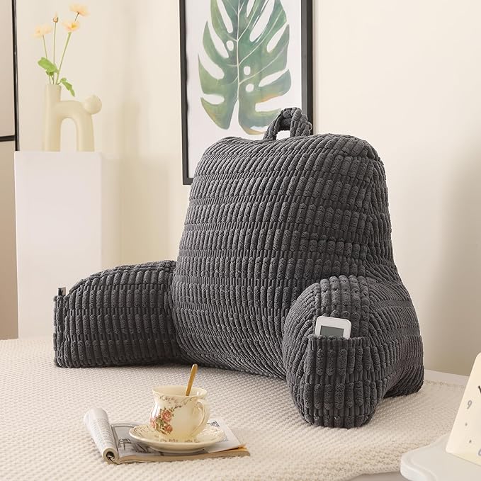 Reading Pillow for Sitting in Bed, Large Backrest Reading Pillow with Arm Rest,Back-Rest Support Cushion for Sit Up on Couch, Sofa, and Floor, Dorm Essentials (Grey Corduroy, Large(19"))
