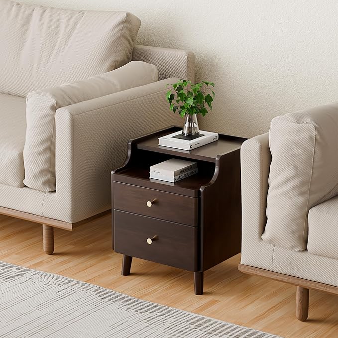 Narrow Nightstand with Drawers, Pre-Assembled Solid Wood Small Skinny Night Stand with Open Sliding Shelf Slim Bedside Table for Bedroom, Slim Side Table (1, Black Walnut, 16")